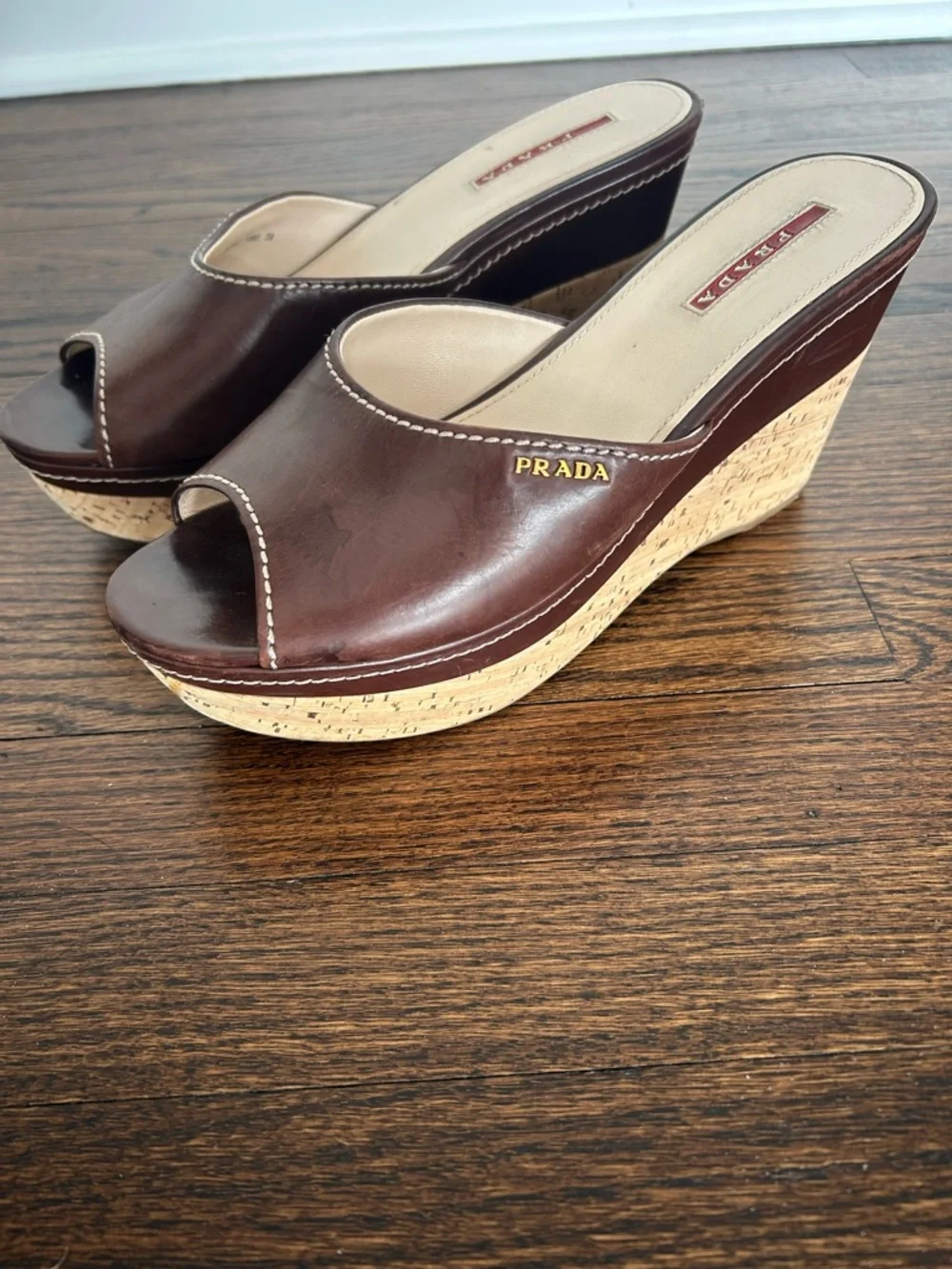 Prada Dark Brown Leather Cork Wedge Slide - Picture 5 of 6